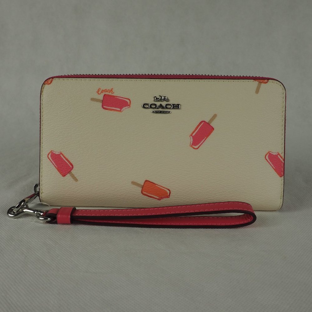 Coach Wallet Long Zip Around Leather Popsicle Print Chalk White Pink Multi C4530